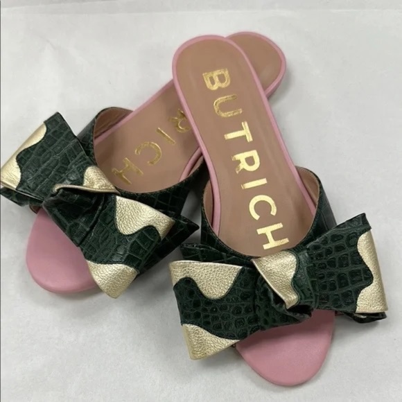 Butrich Green and Gold Bow Slide Sandals Sz 6 new - Picture 1 of 5